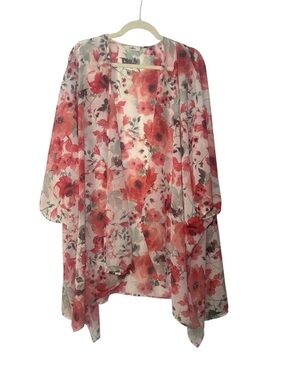 GeeGee Sheer Floral Kimono Cover-Up in Red, Coral and Cream